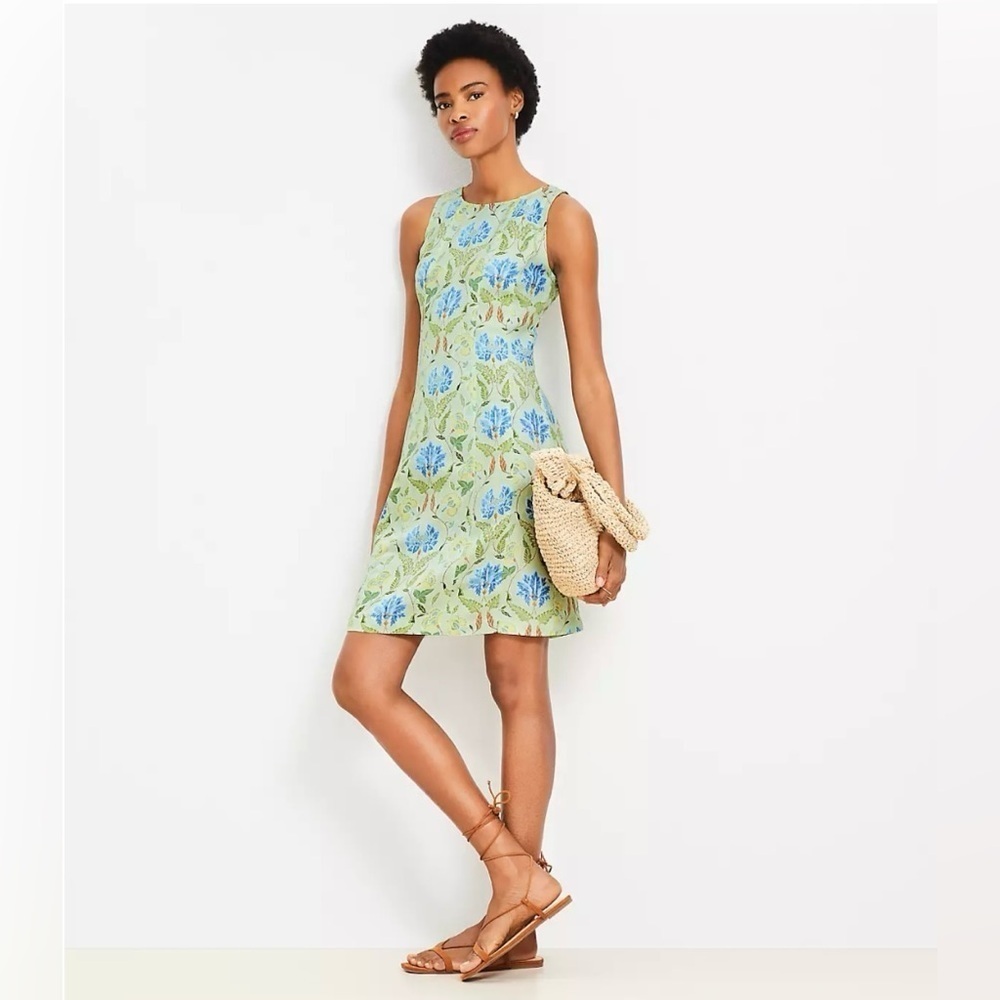 LOFT | NWT GARDEN LINEN BLEND SEAMED MINI SHIFT DRESS IN SEACREST SIZE 14